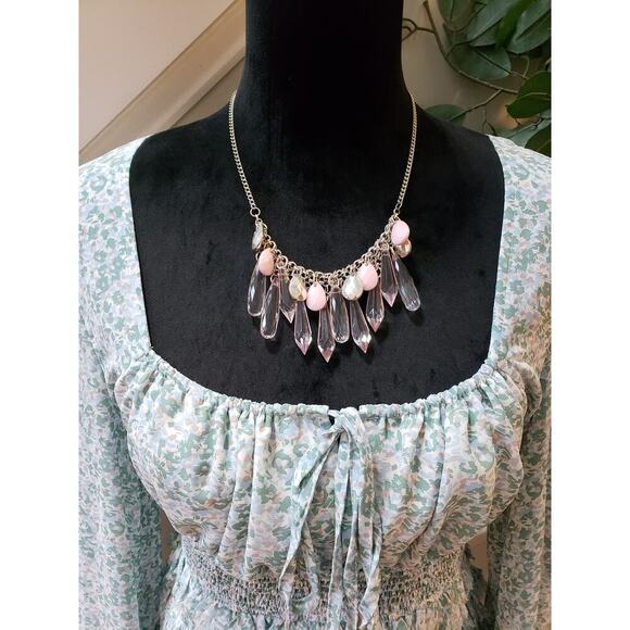 Millibon Blouse Top Womens L Green Floral Ruffled Smocked Tie Front Square Neck - Picture 5 of 12